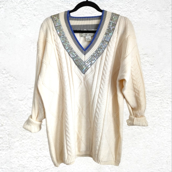 Sequin Kitty Hawk by Vivian Wang beige wool knit v-neck sweater L - Picture 2 of 10